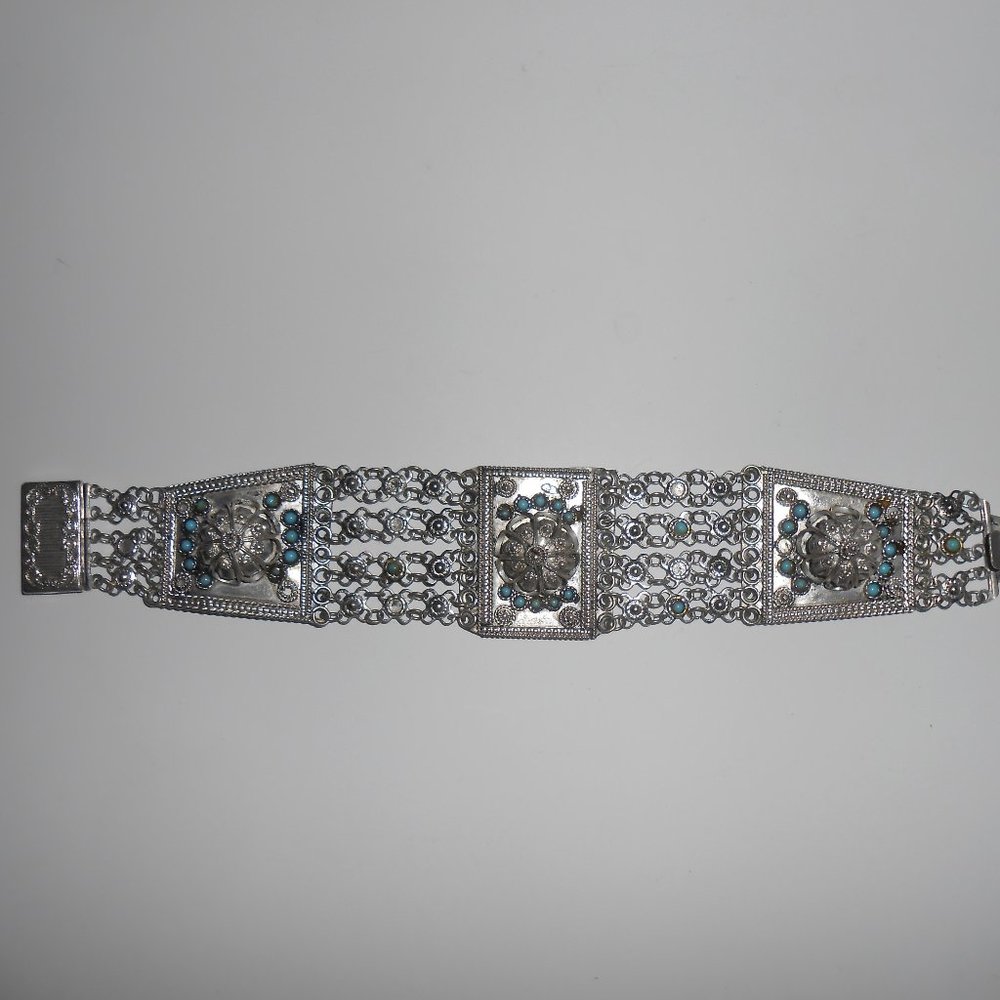 Vintage 1960-1970's Filigree Silver Tone Bracelet with Blue Stones